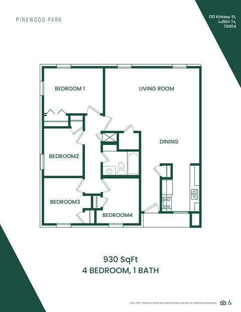 Floor plan for 4 beds, 1 bath, 1065 sqft